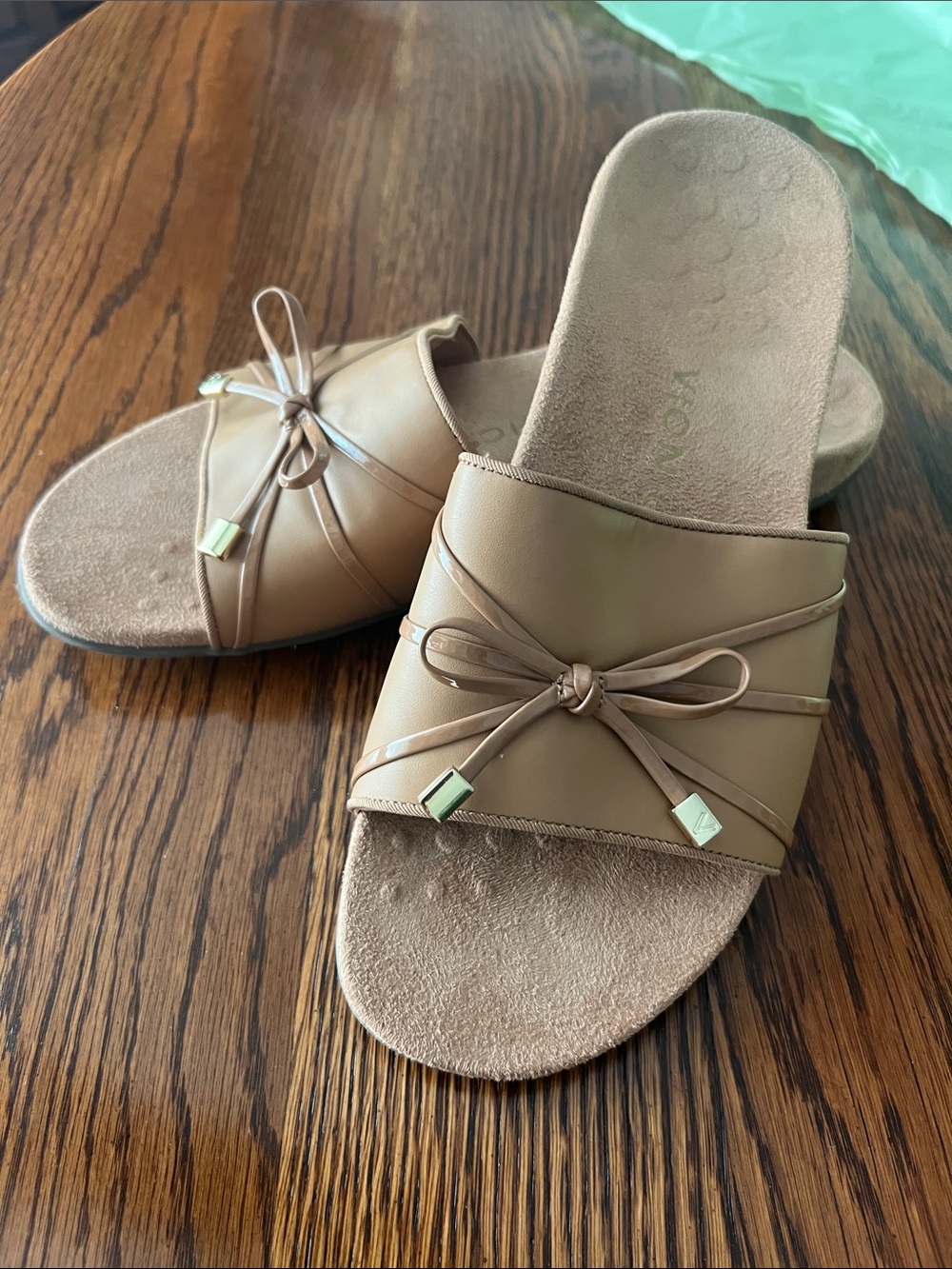 Vionic Taupe Slide Sandals with Bow Accent